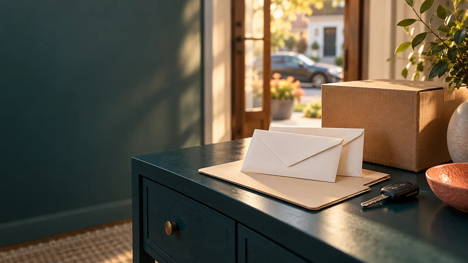 Staged illustration of blank envelopes on a folder beside a moving box and an unbranded car key.