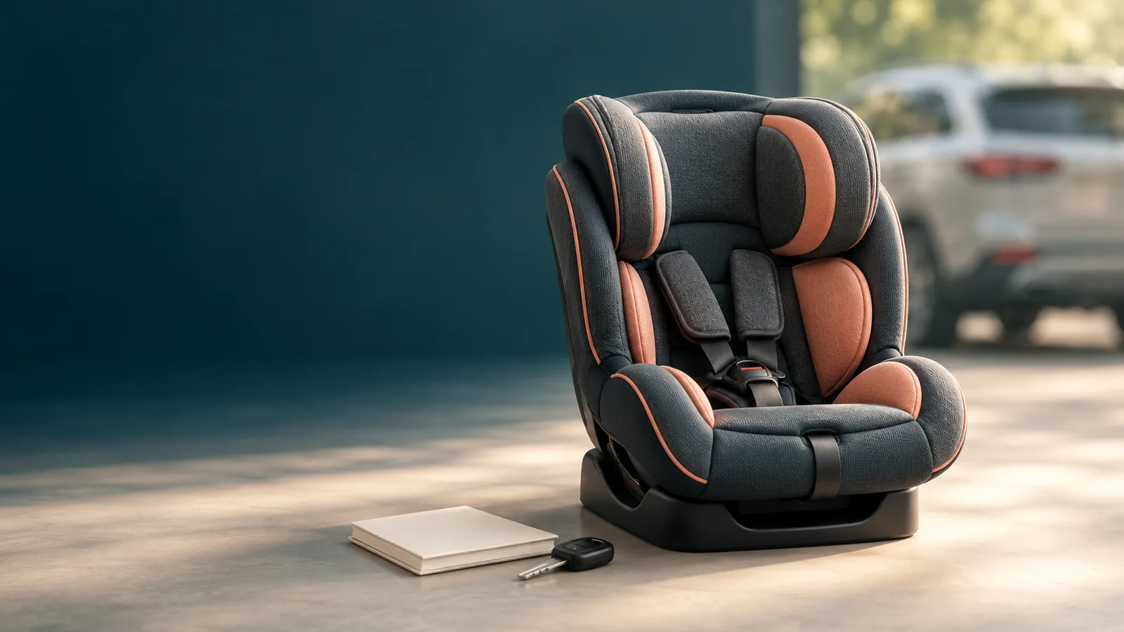 Fictional illustration of an empty detached child car seat beside a blank manual and a generic car key.