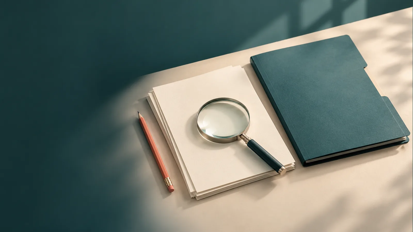Fictional illustration of a closed teal folder beside blank pages, a coral pencil and a magnifying glass.
