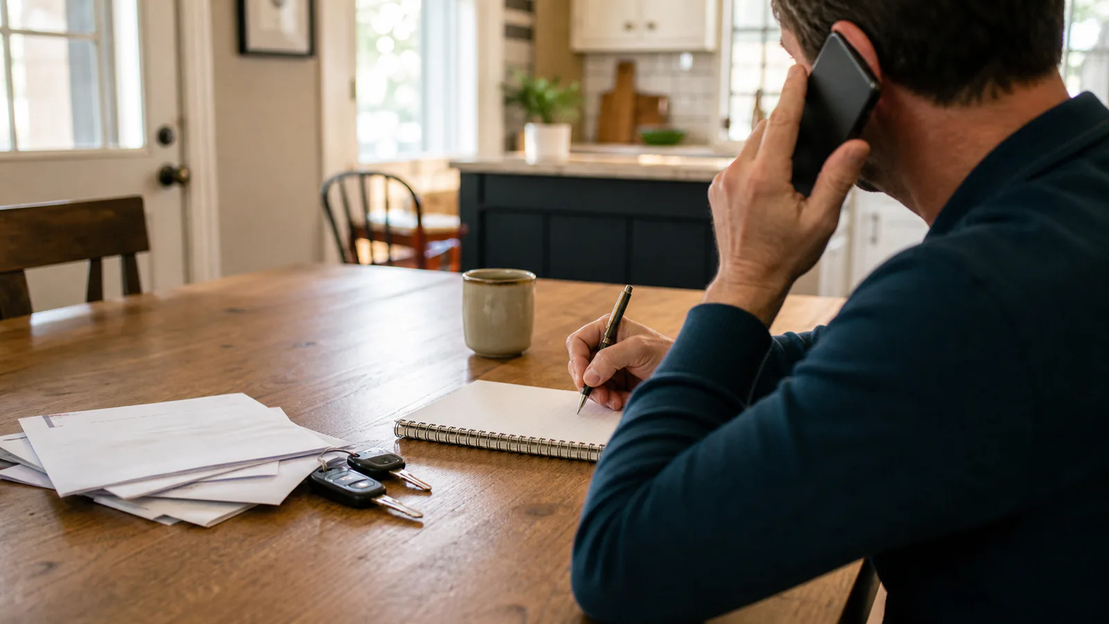 A person taking notes during a phone call at a kitchen table.
