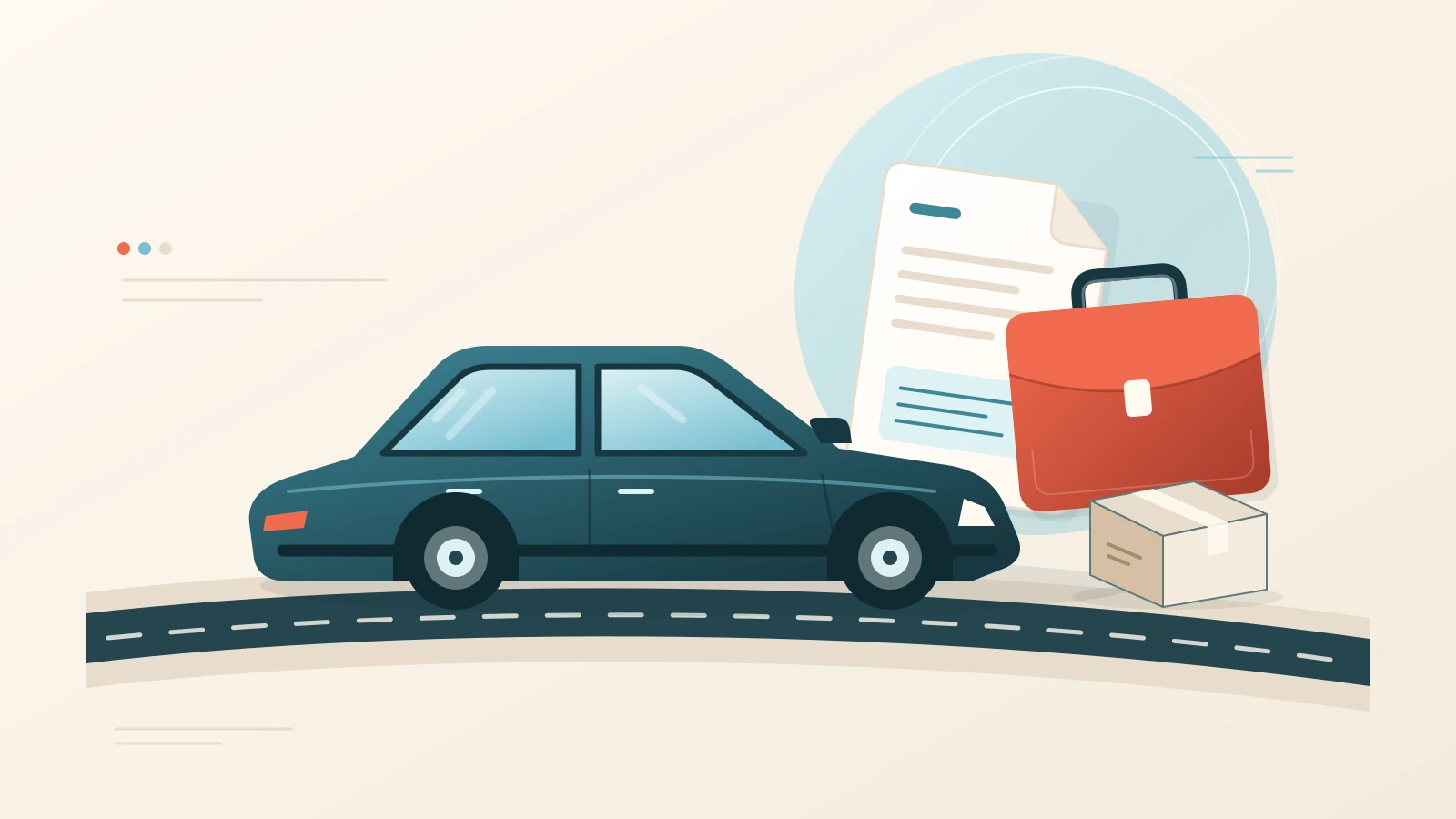 Vector illustration of a car beside a briefcase, a parcel and a document above a stylized road.